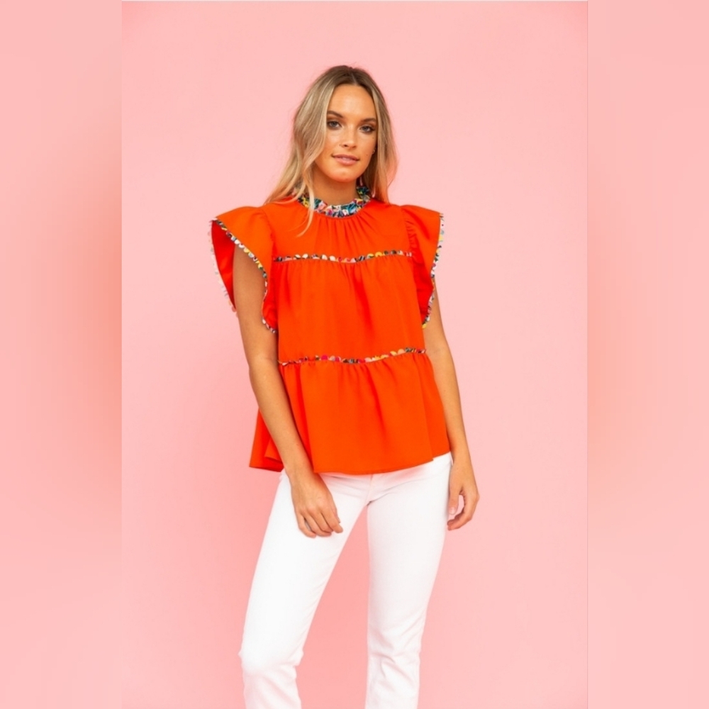 Crosby by Mollie Burch Blakely Top Colorful Tiered Ruffle Blouse Picante XS - Picture 2 of 6
